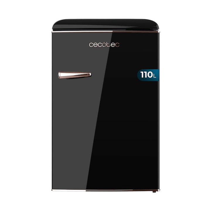 Mini frigider Retro Cecotec, Bolero CoolMarket Mini, 110 litri, ideal pentru rulote/bucatarie de vara/camere de hotel/pensiuni termostat reglabil, compartiment congelare Ice Box, 2 rafturi sticla, sertar fructe/legume, 3 compartimente pe usa, negru