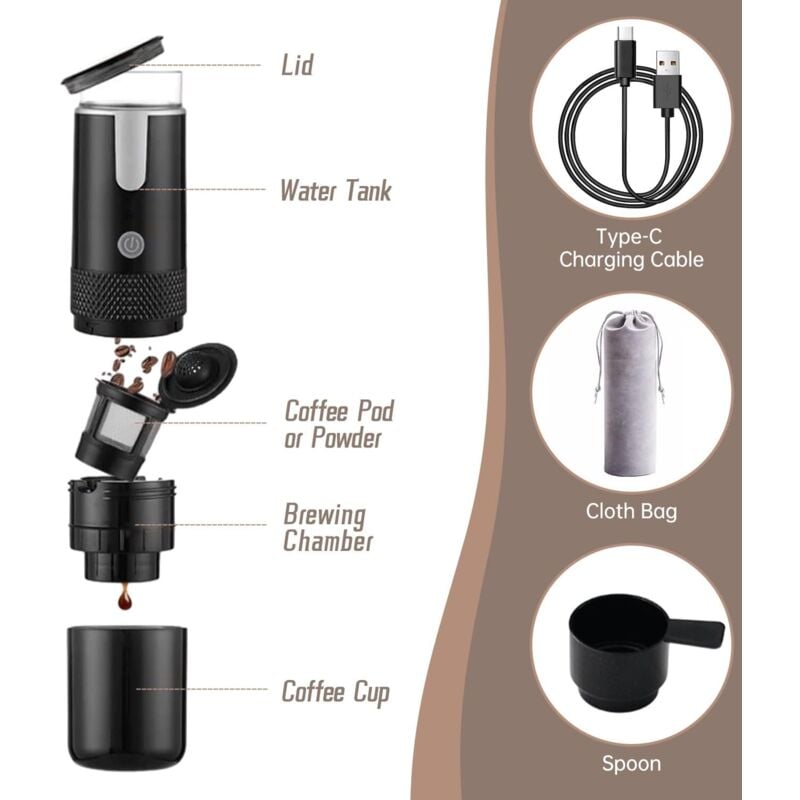 Cafetiere portabila, compatibila cu capsule K-cup si cafea macinata, control manual, pentru camping si drumetii