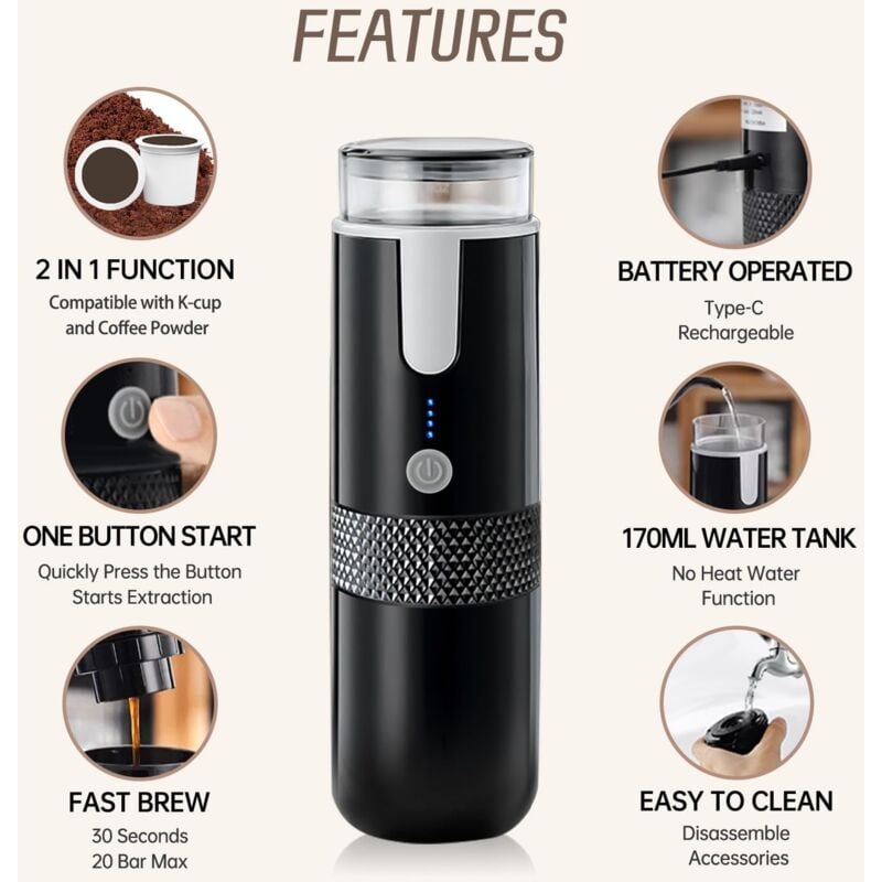 Cafetiere portabila, compatibila cu capsule K-cup si cafea macinata, control manual, pentru camping si drumetii