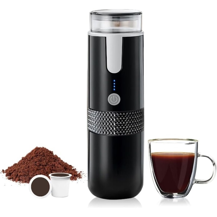 Cafetiere portabila, compatibila cu capsule K-cup si cafea macinata, control manual, pentru camping si drumetii