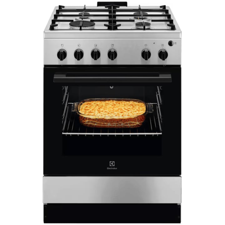 RESIGILAT: Aragaz Electrolux LKG604013X, Gaz, 4 arzatoare, Aprindere integrata plita si cuptor, Siguranta plita si cuptor, Autocuratare catalitica, Grill electric, Rotisor, Clasa A, 60 cm, Inox antiamprenta
