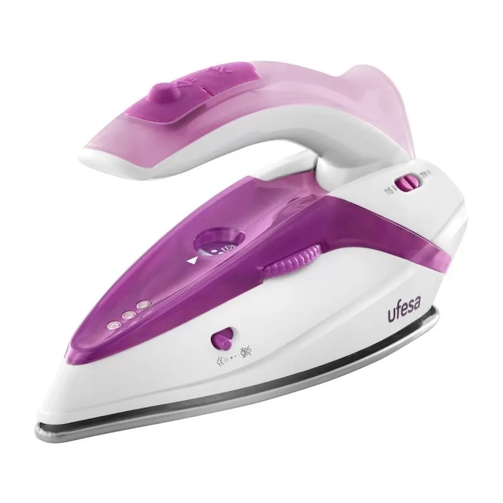 Aparat de Calcat si Fier de Calcat cu Abur de Voiaj, Ufesa® Perfect Trip, 1100W, Jet Abur 75 g/min, Bivoltaj, Talpa Inox, Maner Pliabil, Functie Calcare Verticala, Sistem Antipicurare, Termostat Reglabil, Compact si Usor de Transportat, Alb/Mov