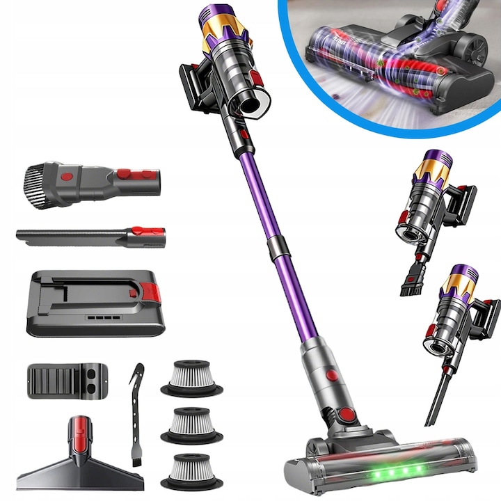 Aspirator vertical fara fir cu perie electrica LED, puternic