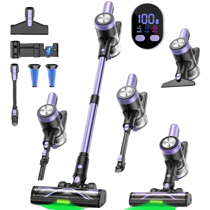 Aspirator fara fir H28V, putere de aspiratie puternica, design autoportant, violet, 55-60 minute autonomie