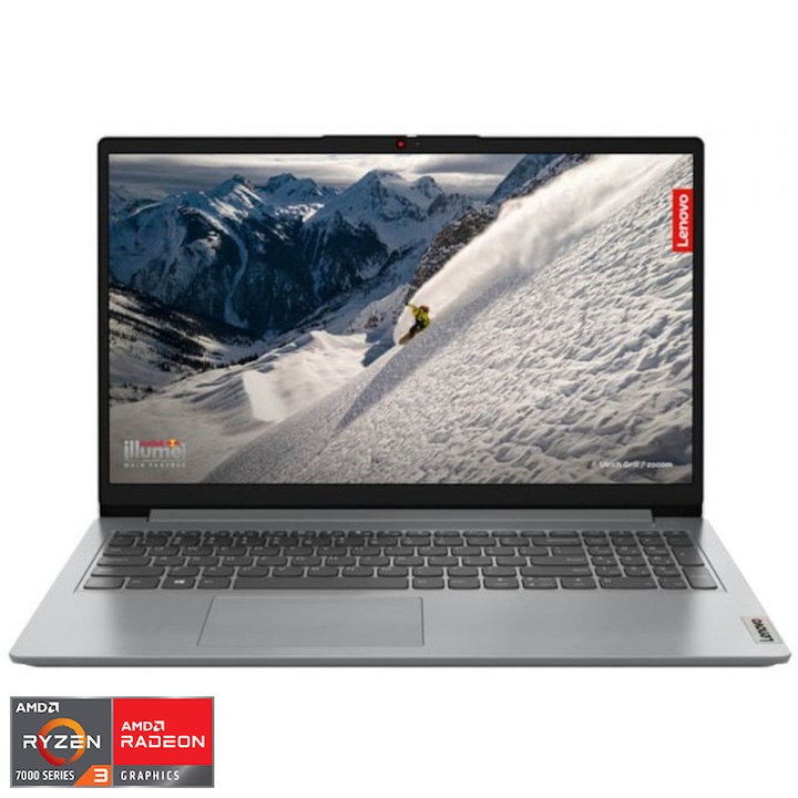Laptop Lenovo IdeaPad 1 15AMN7 cu procesor AMD Ryzen™ 3 7320U pana la 4.1 GHz, 15.6", Full HD, 16GB DDR5, 512GB SSD, AMD Radeon™ 610M Graphics, No OS, Cloud Grey