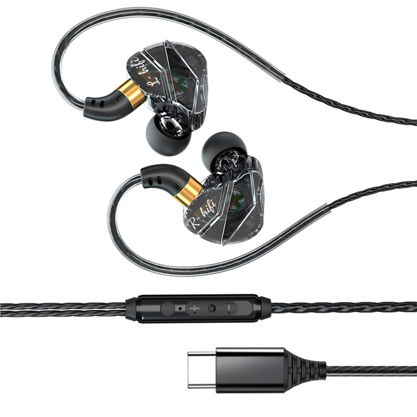 Casti fir Type-C cu microfon, Casti In-Ear Cu Fir, Zggzerg, control volum inline, design ergonomic in ureche, compatibile cu smartphone-uri Android, tablete, laptopuri, TPE, 1.2 m, Negru