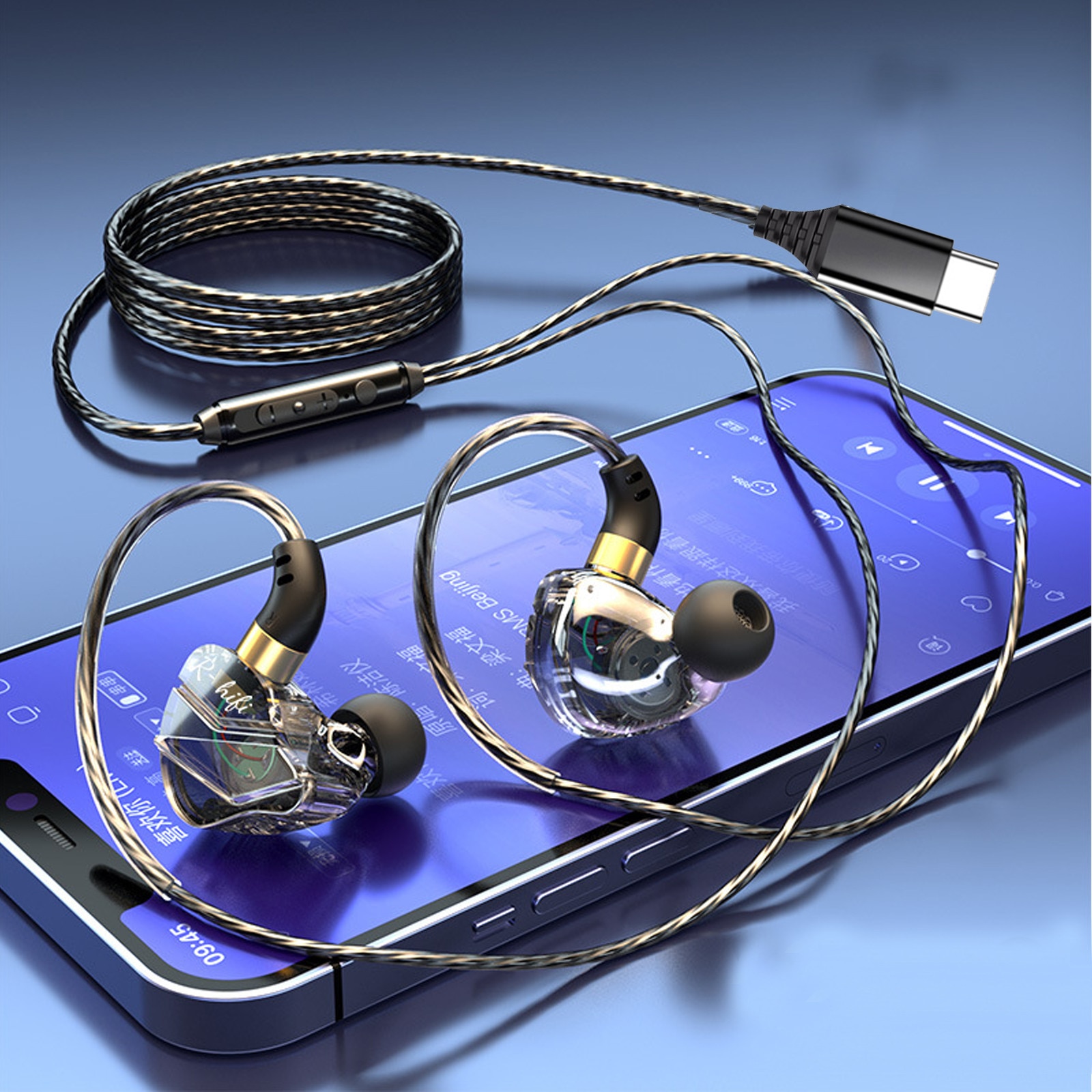 Casti fir Type-C cu microfon, Casti In-Ear Cu Fir, Zggzerg, control volum inline, design ergonomic in ureche, compatibile cu smartphone-uri Android, tablete, laptopuri, TPE, 1.2 m, Negru