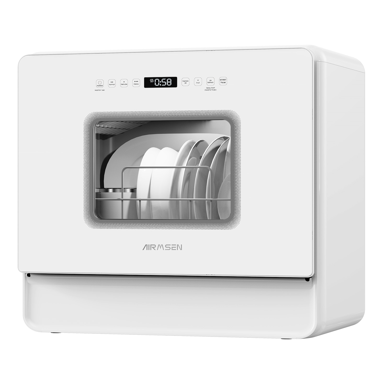 Mini Masina de spalat vase compacta AIRMSEN, 7+2 programe, Rezervor 5L, Panou Touch, Afisaj LED, Functie dedurizare sare, Clasa E, Alb