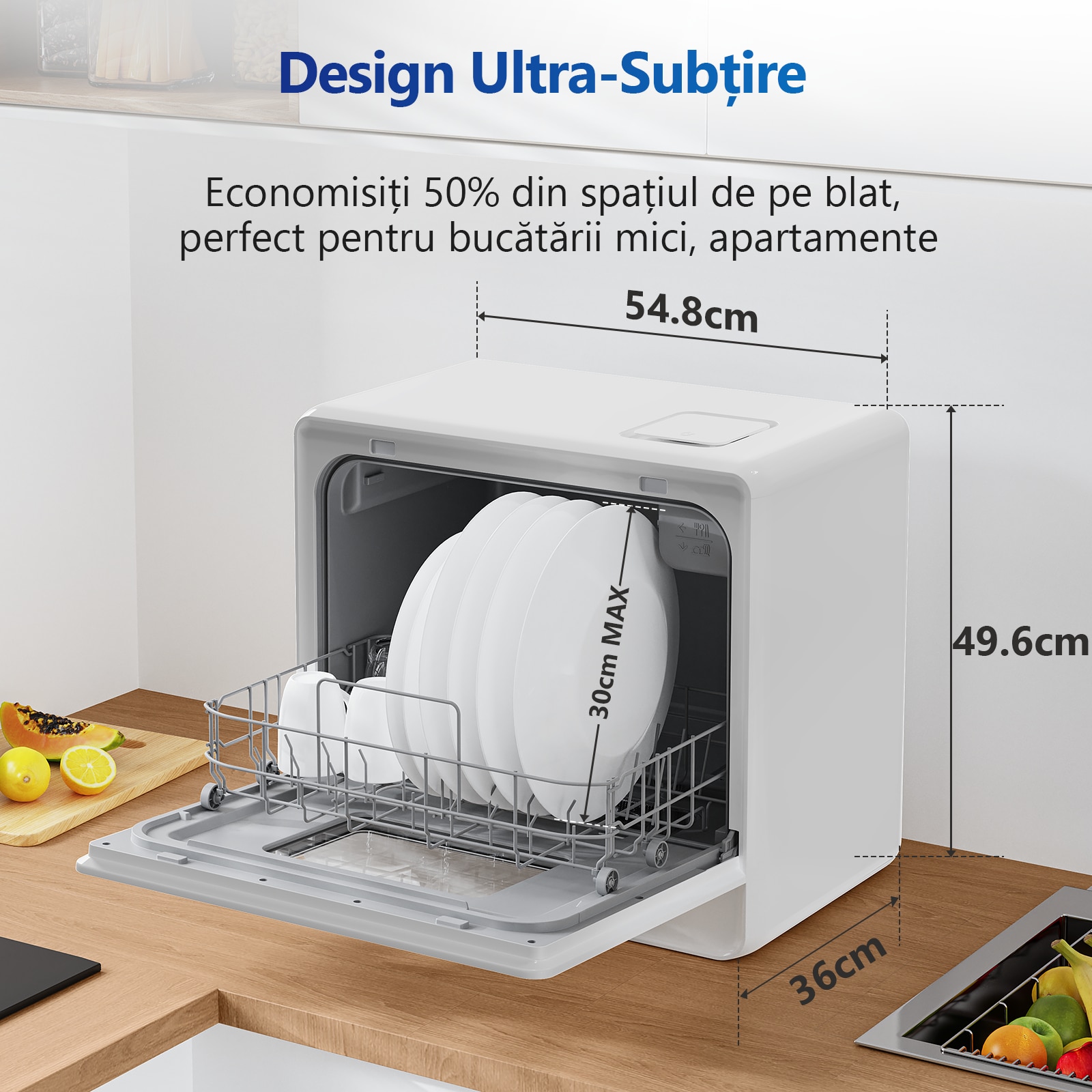 Mini Masina de spalat vase compacta AIRMSEN, 7+2 programe, Rezervor 5L, Panou Touch, Afisaj LED, Functie dedurizare sare, Clasa E, Alb