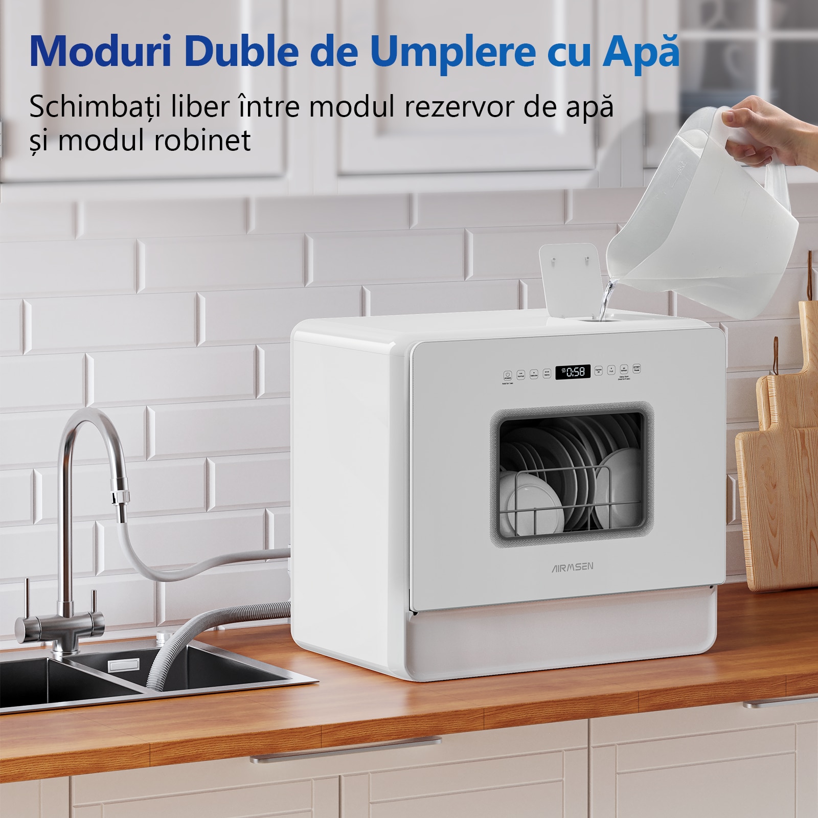 Mini Masina de spalat vase compacta AIRMSEN, 7+2 programe, Rezervor 5L, Panou Touch, Afisaj LED, Functie dedurizare sare, Clasa E, Alb