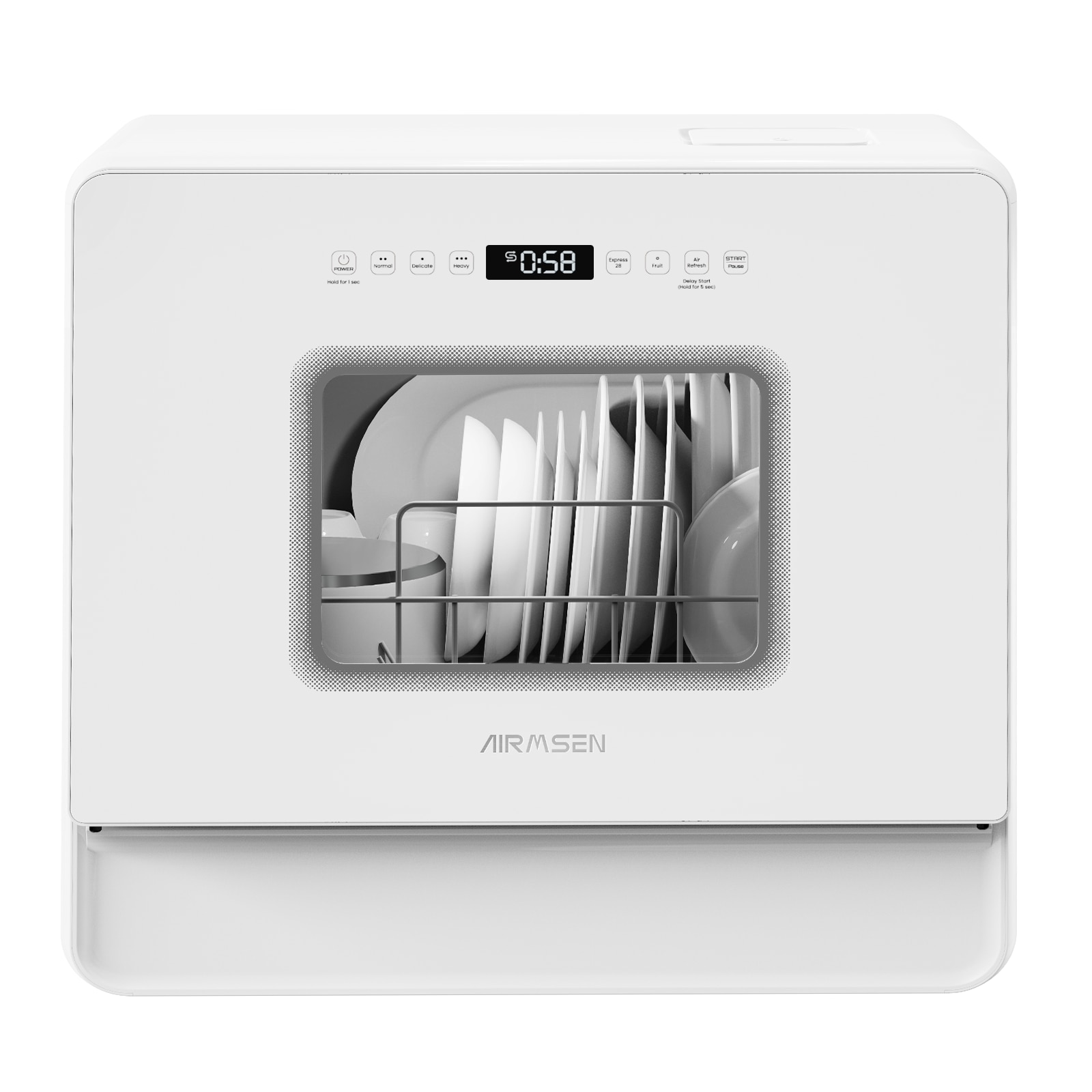 Mini Masina de spalat vase compacta AIRMSEN, 7+2 programe, Rezervor 5L, Panou Touch, Afisaj LED, Functie dedurizare sare, Clasa E, Alb