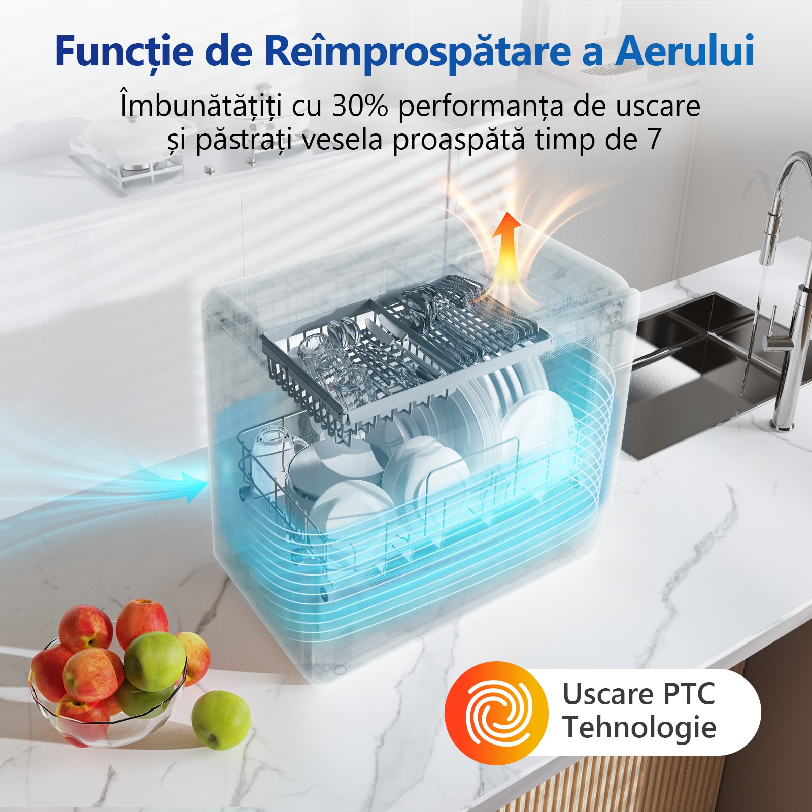 Mini Masina de spalat vase compacta AIRMSEN, 7+2 programe, Rezervor 5L, Panou Touch, Afisaj LED, Functie dedurizare sare, Clasa E, Alb