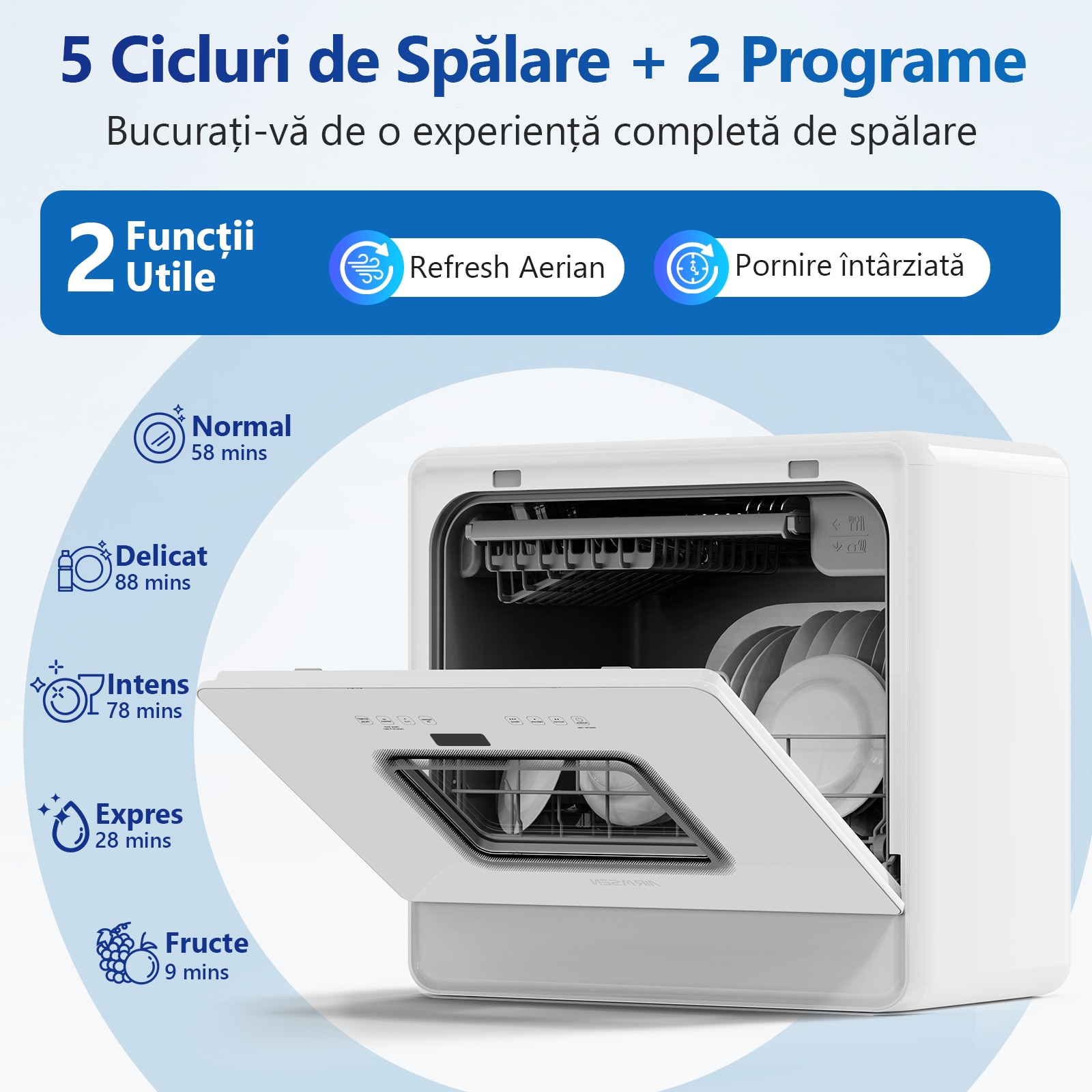 Mini Masina de spalat vase compacta AIRMSEN, 7+2 programe, Rezervor 5L, Panou Touch, Afisaj LED, Functie dedurizare sare, Clasa E, Alb