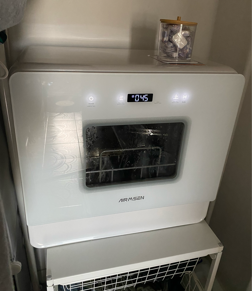 Mini Masina de spalat vase compacta AIRMSEN, 7+2 programe, Rezervor 5L, Panou Touch, Afisaj LED, Functie dedurizare sare, Clasa E, Alb