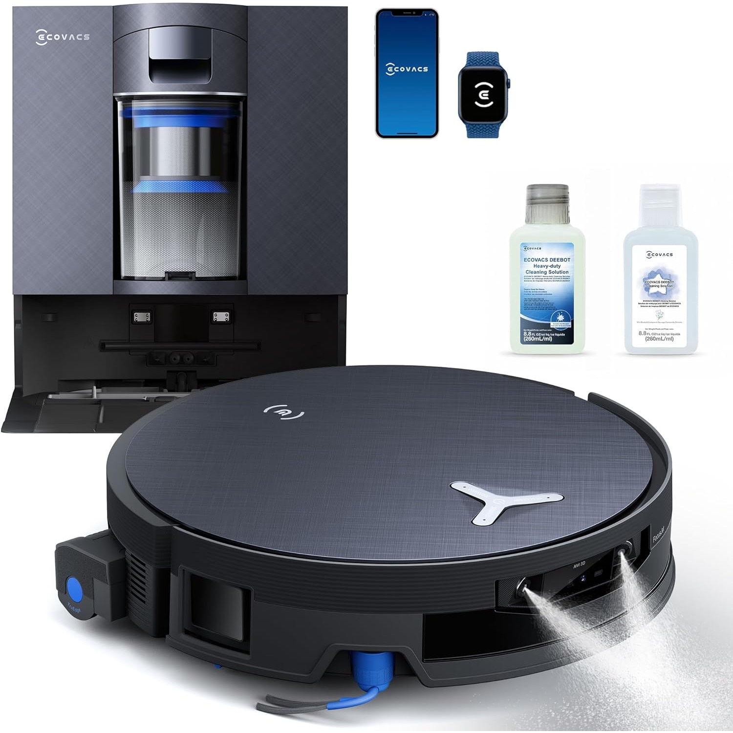 Aspirator Robot ECOVACS DEEBOT X12 OMNICYCLONE, 22000 Pa, 497min, 120W, mop cu rola FocusJet + OZMO cu auto-spalare, statie OMNICYCLONE fara sac, ZeroTangle, navigare AIVI 3D AI, YIKO 2.0, Spalare cu mop cu apa calda 75°C, Uscare automata la 63°C, Negru