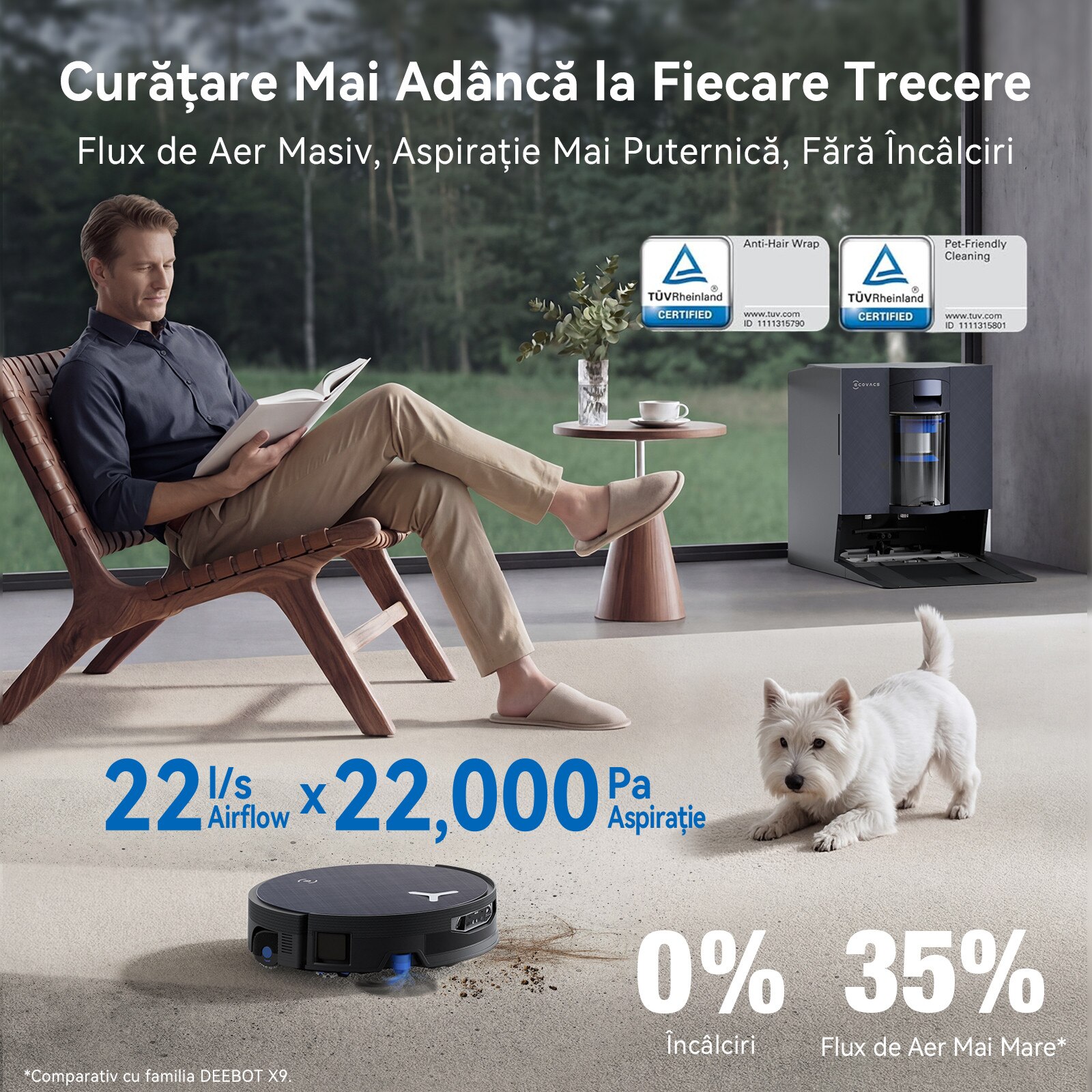 Aspirator Robot ECOVACS DEEBOT X12 OMNICYCLONE, 22000 Pa, 497min, 120W, mop cu rola FocusJet + OZMO cu auto-spalare, statie OMNICYCLONE fara sac, ZeroTangle, navigare AIVI 3D AI, YIKO 2.0, Spalare cu mop cu apa calda 75°C, Uscare automata la 63°C, Negru