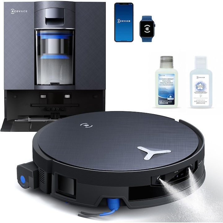 Aspirator Robot ECOVACS DEEBOT X12 OMNICYCLONE, 22000 Pa, 497min, 120W, mop cu rola FocusJet + OZMO cu auto-spalare, statie OMNICYCLONE fara sac, ZeroTangle, navigare AIVI 3D AI, YIKO 2.0, Spalare cu mop cu apa calda 75°C, Uscare automata la 63°C, Negru