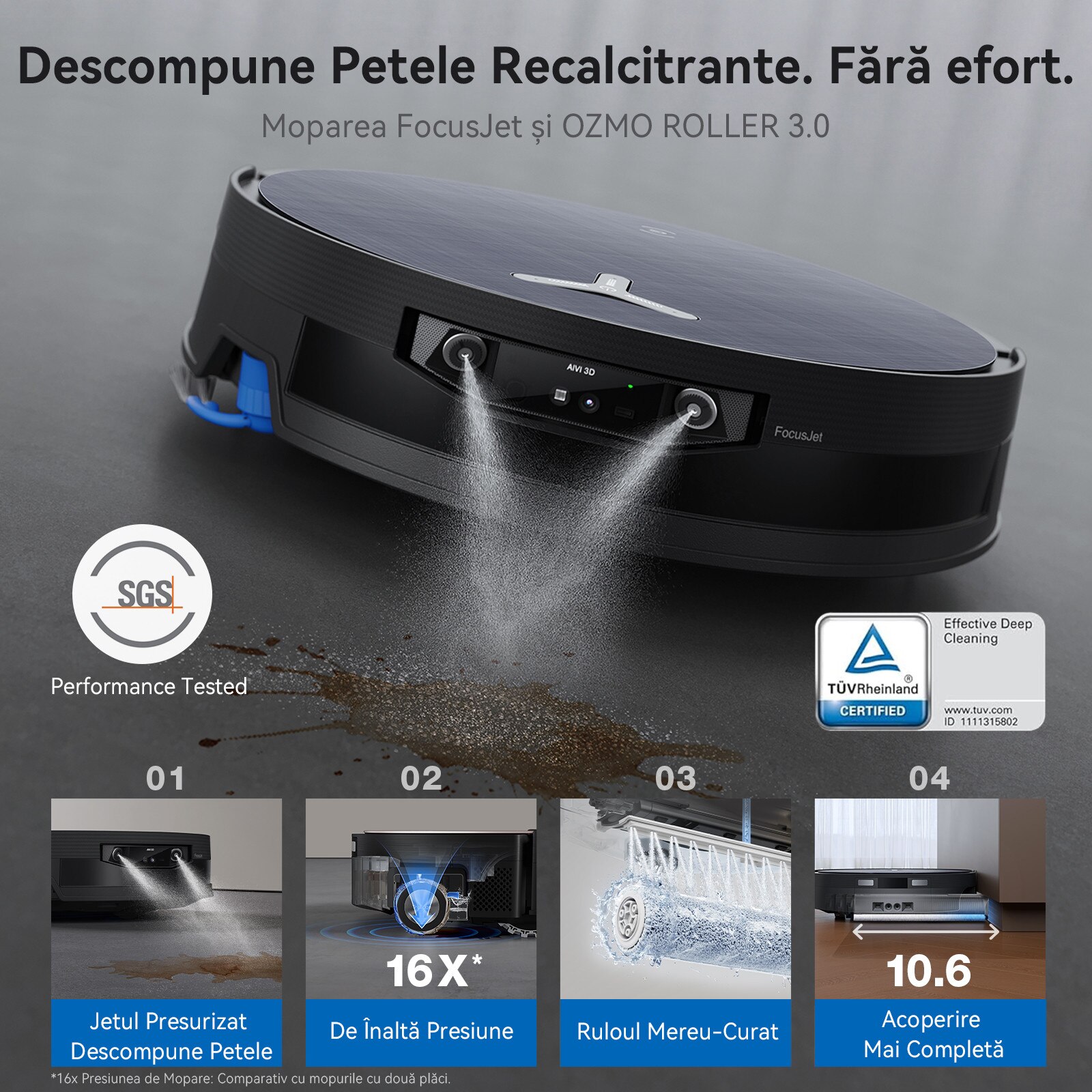 Aspirator Robot ECOVACS DEEBOT X12 OMNICYCLONE, 22000 Pa, 497min, 120W, mop cu rola FocusJet + OZMO cu auto-spalare, statie OMNICYCLONE fara sac, ZeroTangle, navigare AIVI 3D AI, YIKO 2.0, Spalare cu mop cu apa calda 75°C, Uscare automata la 63°C, Negru
