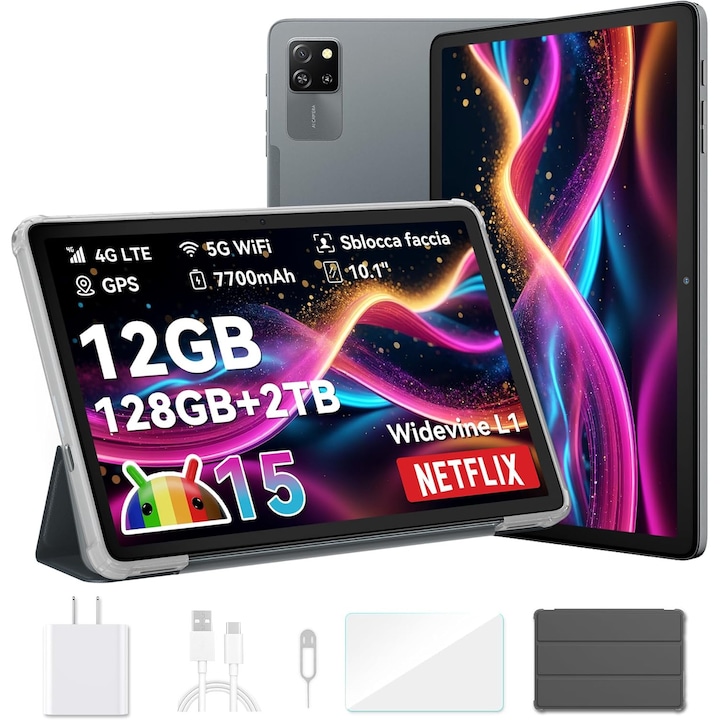 Pachet promo: Tableta Blackview Tab 60 Pro, 10.1 inch, 800x1280, 24GB Ram(8GB + 16GB extensibili 1TB), 128GB, Bluetooth 5.0, Android 15, 2.4G/5G/WiFi 6, HD+/IPS, 60Hz, 7700mAh, Suport pozitionarea GPS, Gri + Tastatura Bluetooth, Blackview, ABS, Wireless, telefon, tableta, PC, Portabila, Windows, Mac, Android, iOS, Baterie Reincarcabila, Negru