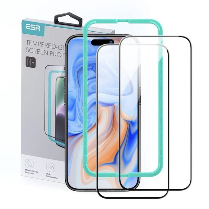 Folie telefon Sticla securizata ESR, transparenta, set 2 bucati, Negru, pentru iPhone 15/16
