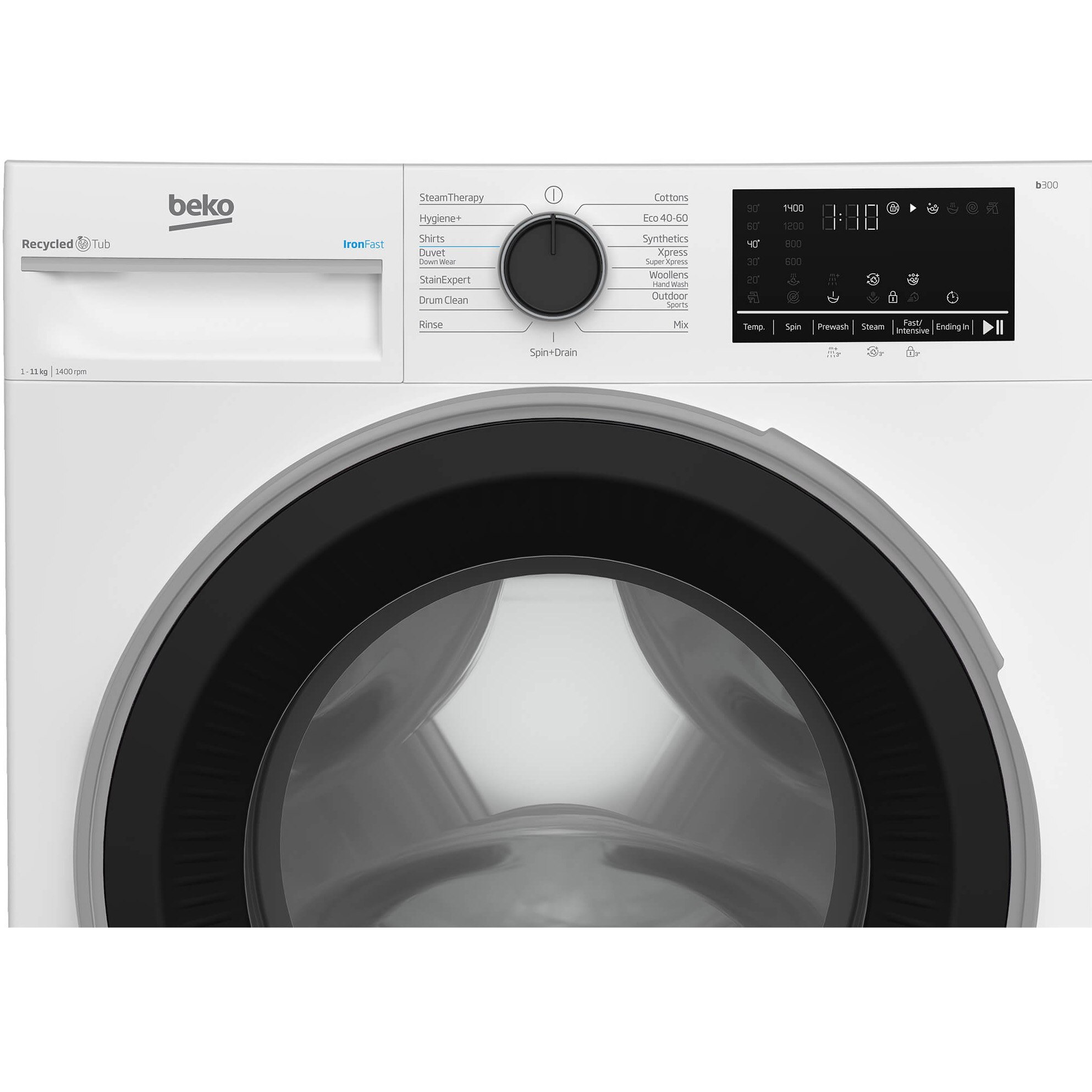 RESIGILAT: Masina de spalat rufe Beko BM3WFST411415W, 11 Kg, 1400 RPM, Clasa A, SteamCure, Recycled Tub, ProSmart Inverter Motor, AddXtra, WaterMode, ColdWash, Alb