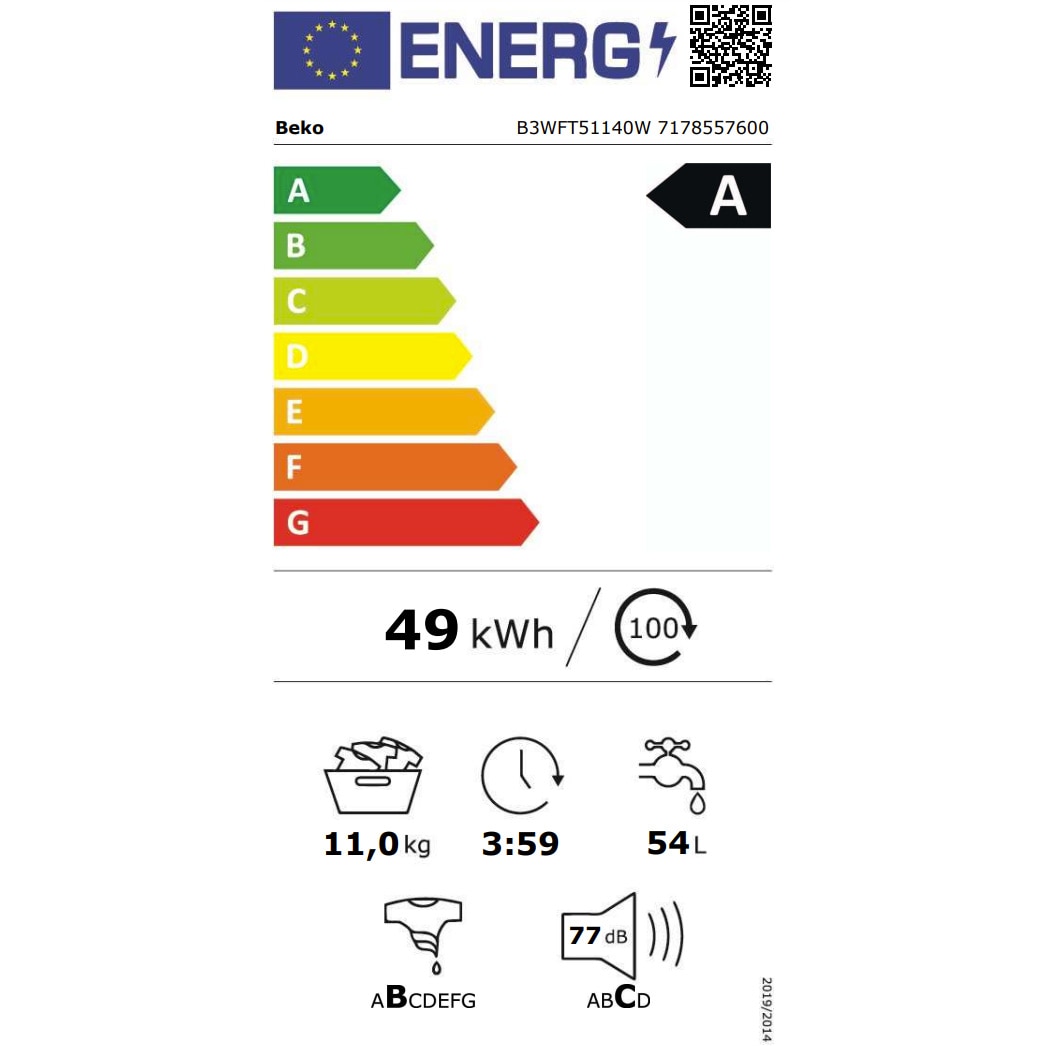 RESIGILAT: Masina de spalat rufe Beko BM3WFST411415W, 11 Kg, 1400 RPM, Clasa A, SteamCure, Recycled Tub, ProSmart Inverter Motor, AddXtra, WaterMode, ColdWash, Alb