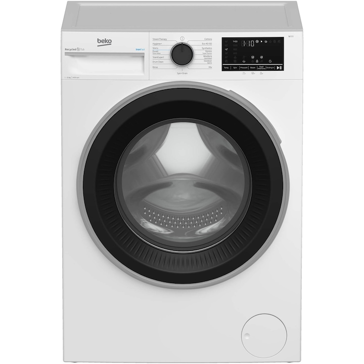 RESIGILAT: Masina de spalat rufe Beko BM3WFST411415W, 11 Kg, 1400 RPM, Clasa A, SteamCure, Recycled Tub, ProSmart Inverter Motor, AddXtra, WaterMode, ColdWash, Alb