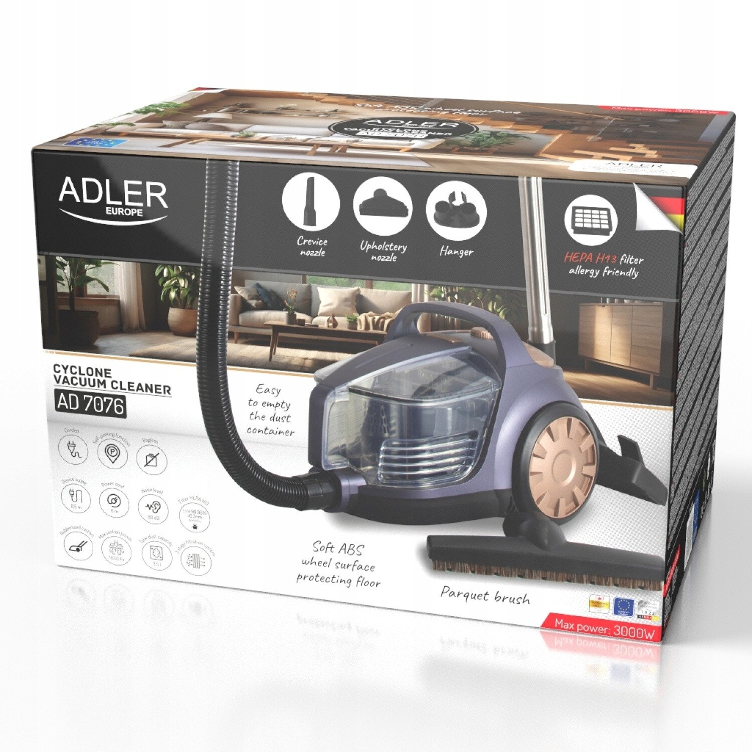 Aspirator/curatator ADLER AD 7076, cu sistem ciclon, fara sac, 3 trepte filtrare HEPA 13, 3.5L, 700W, 18.000Pa, gri