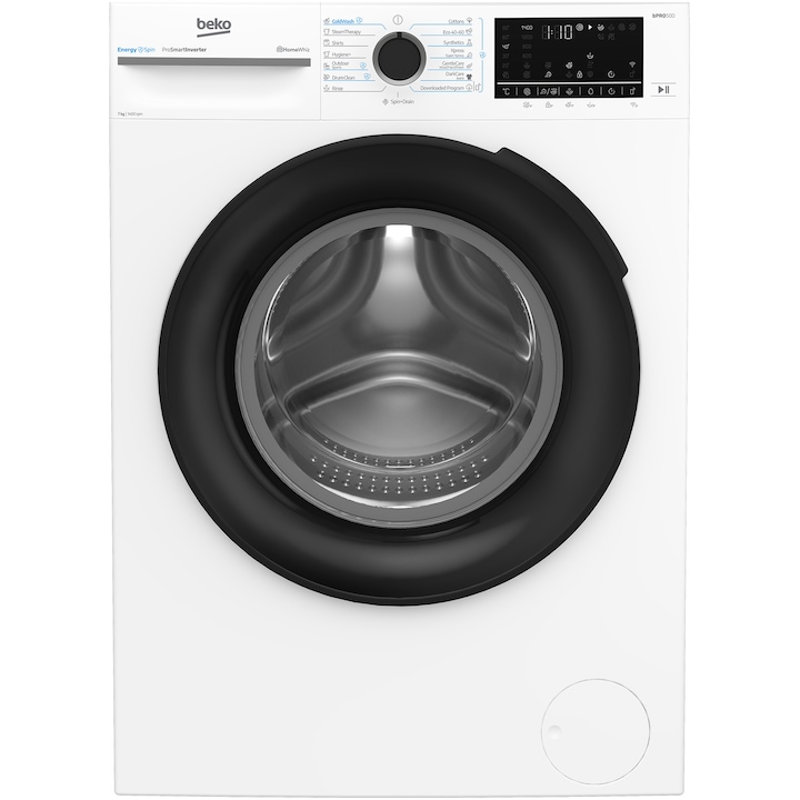 RESIGILAT: Masina de spalat rufe Slim Beko BM5WFSU67415W,7 kg, 1400 RPM, Clasa A, HomeWhiz prin WiFi, SteamCure, AddXtra, Motor ProSmart Inverter, AddXtra, Alb, usa Piano Black