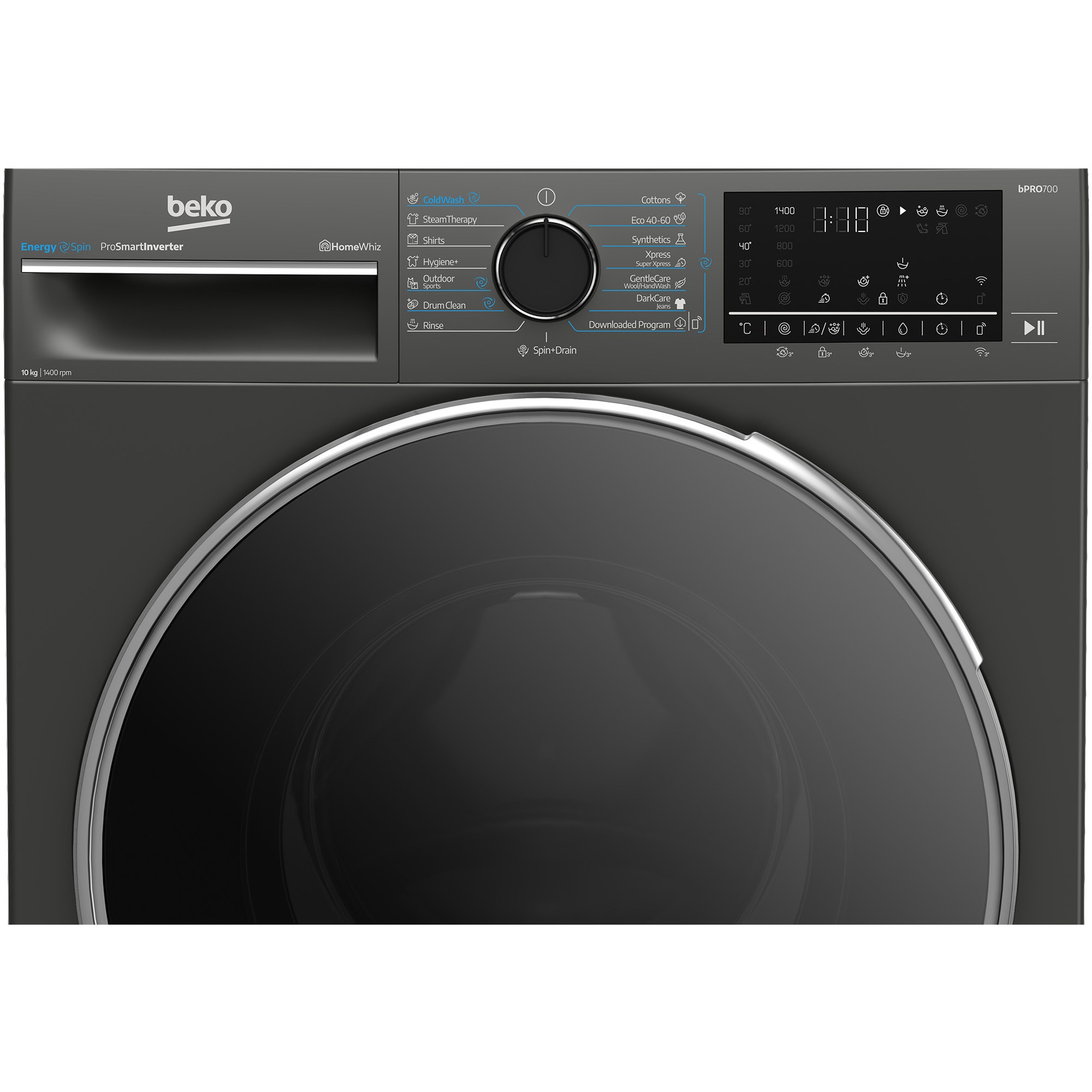 RESIGILAT: Masina de spalat rufe Beko B7WFU610418MB2ES, 10 kg, 1400 RPM, Clasa A, Recycled Tub, HomeWhiz prin WiFi , Motor ProSmart Inverter, AddXtra, Hygiene+, IronFast, Culoare Piano Black