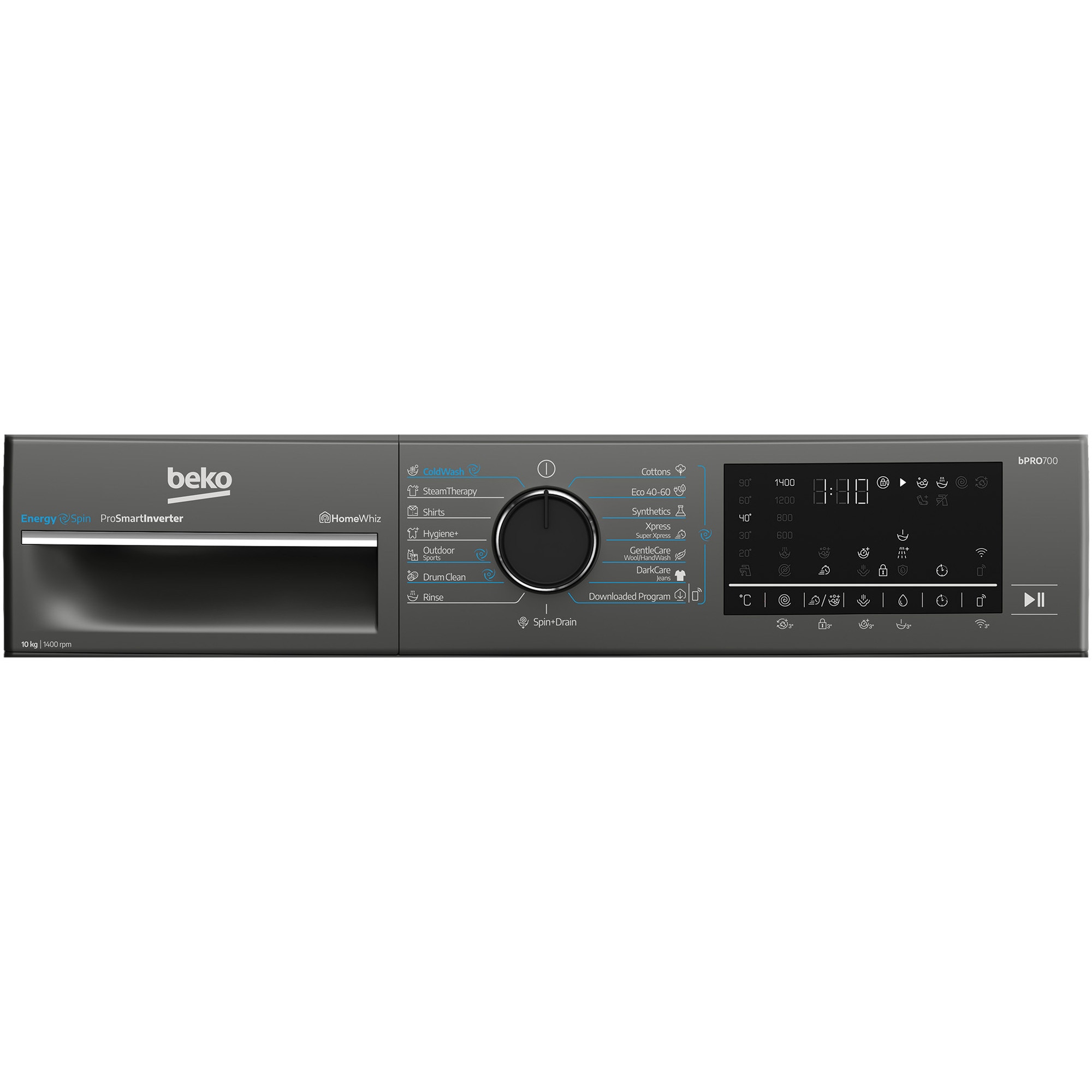 RESIGILAT: Masina de spalat rufe Beko B7WFU610418MB2ES, 10 kg, 1400 RPM, Clasa A, Recycled Tub, HomeWhiz prin WiFi , Motor ProSmart Inverter, AddXtra, Hygiene+, IronFast, Culoare Piano Black