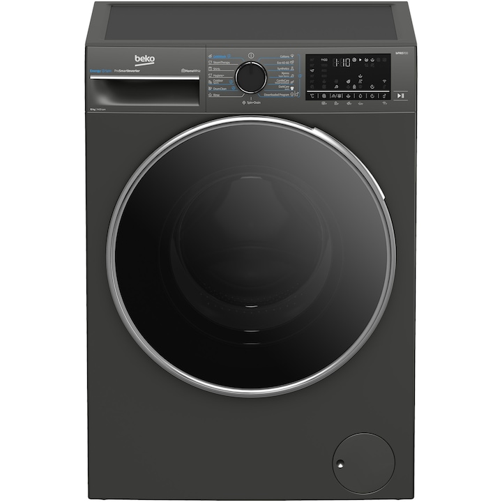 RESIGILAT: Masina de spalat rufe Beko B7WFU610418MB2ES, 10 kg, 1400 RPM, Clasa A, Recycled Tub, HomeWhiz prin WiFi , Motor ProSmart Inverter, AddXtra, Hygiene+, IronFast, Culoare Piano Black