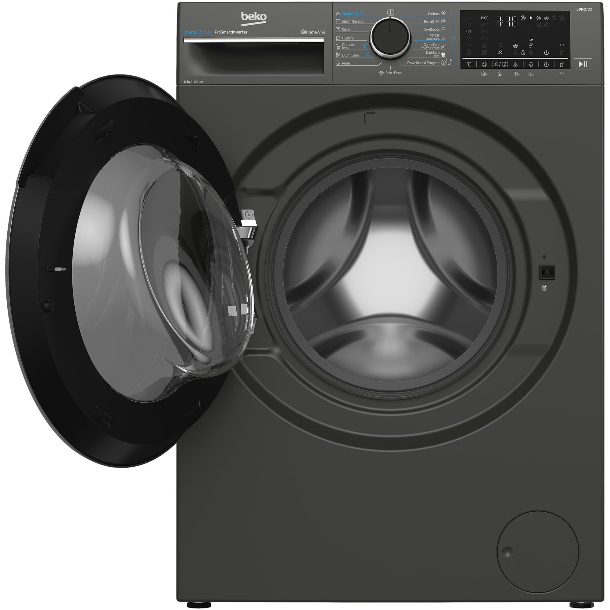 RESIGILAT: Masina de spalat rufe Beko B7WFU610418MB2ES, 10 kg, 1400 RPM, Clasa A, Recycled Tub, HomeWhiz prin WiFi , Motor ProSmart Inverter, AddXtra, Hygiene+, IronFast, Culoare Piano Black