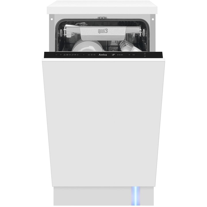 Masina de spalat vase incorporabila Amica DIM42E6EBqO, 45 cm, 10 seturi, 6 programe, 3 sertare, Clasa E, ECO, AquaStop, Dedurizare, HalfLoad, indicator luminos albastru, Alb