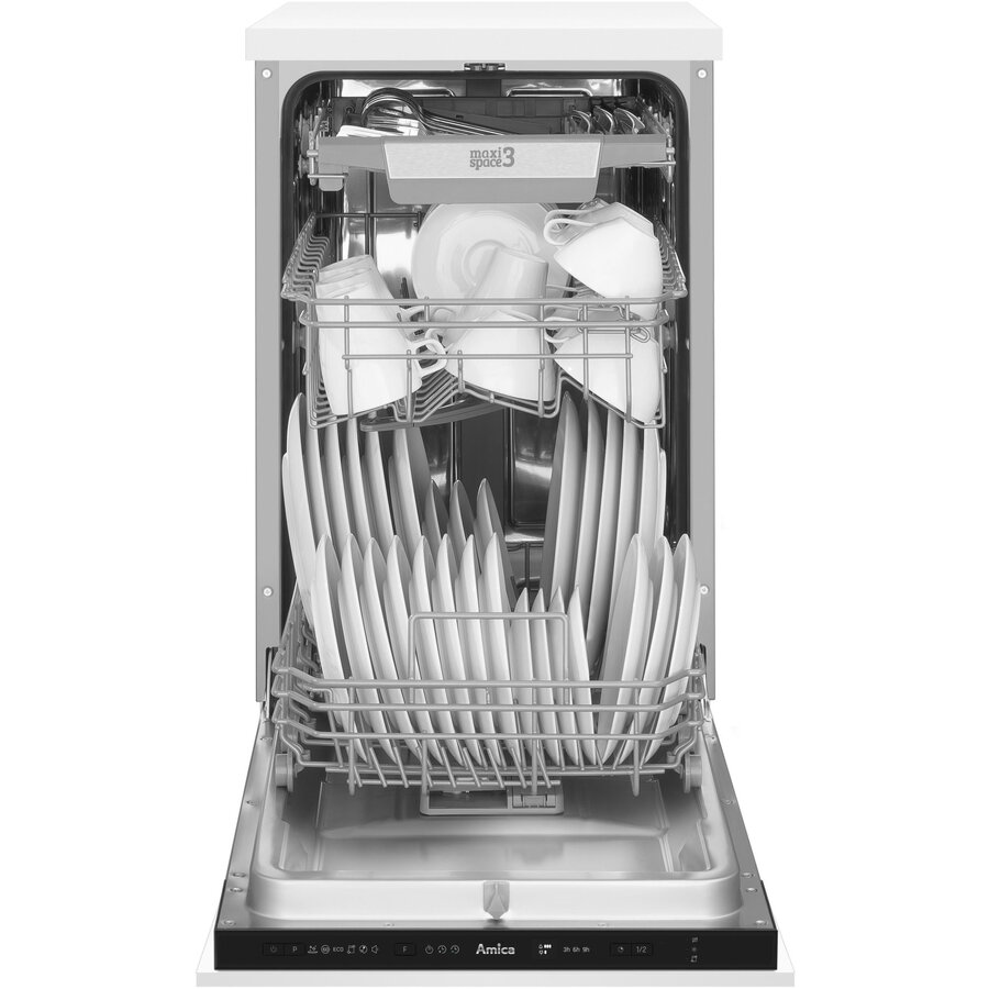 Masina de spalat vase incorporabila Amica DIM42E6EBqO, 45 cm, 10 seturi, 6 programe, 3 sertare, Clasa E, ECO, AquaStop, Dedurizare, HalfLoad, indicator luminos albastru, Alb