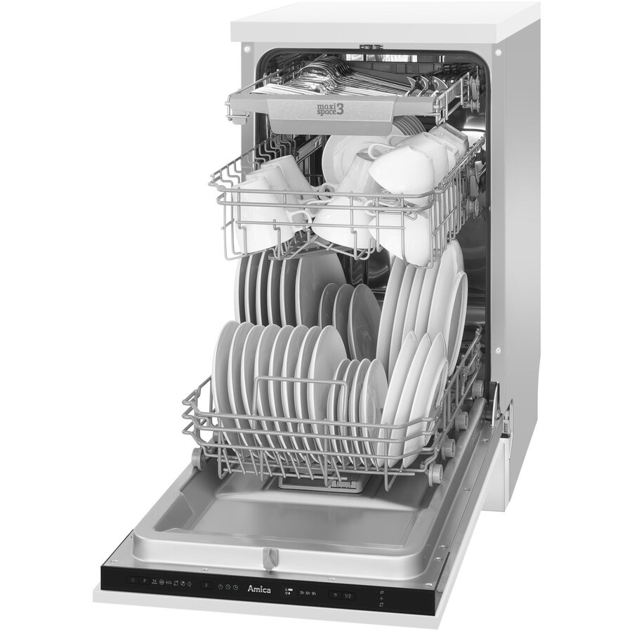 Masina de spalat vase incorporabila Amica DIM42E6EBqO, 45 cm, 10 seturi, 6 programe, 3 sertare, Clasa E, ECO, AquaStop, Dedurizare, HalfLoad, indicator luminos albastru, Alb