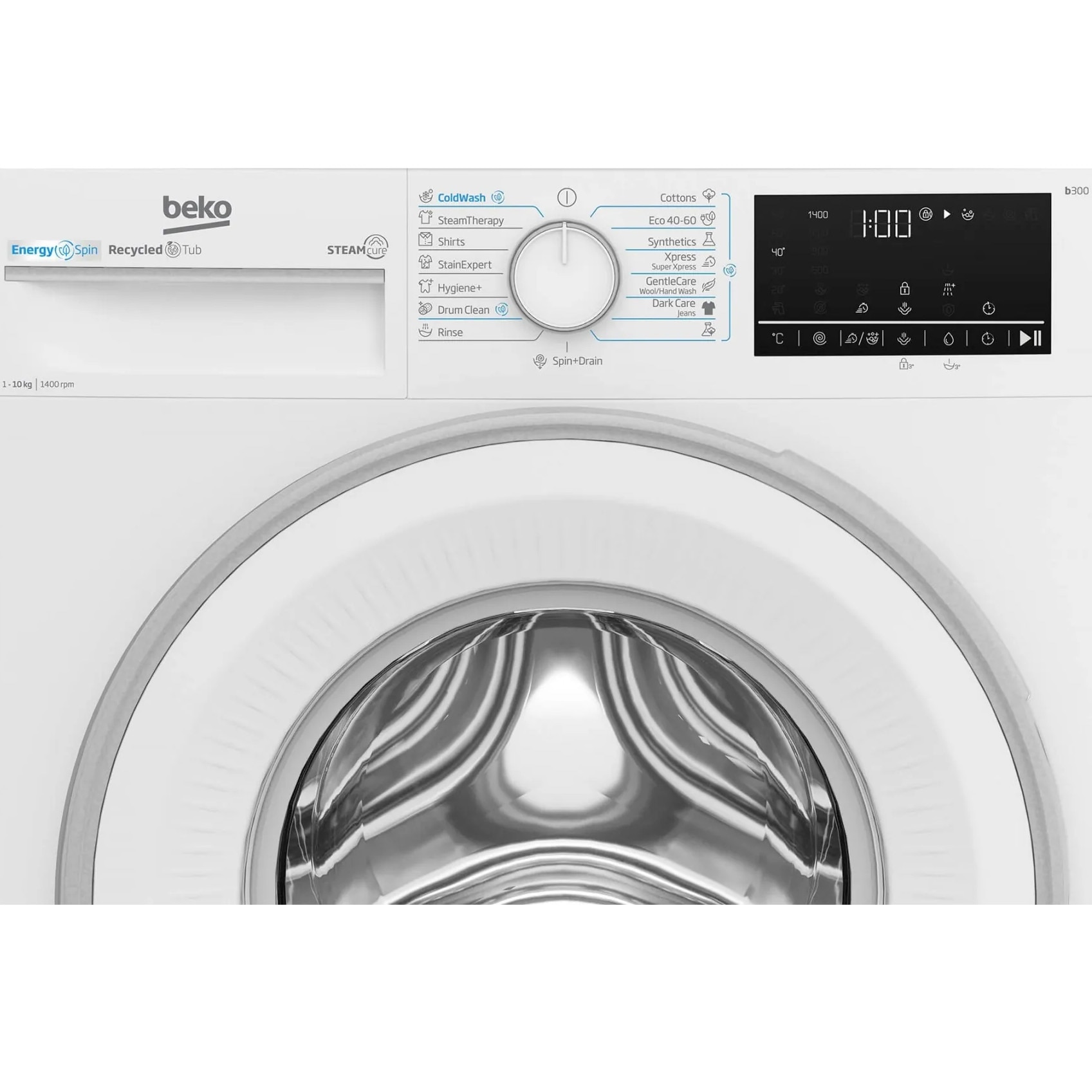 RESIGILAT: Masina de spalat rufe Beko B3WFU410415WWES, 10 kg, 1400 RPM, Clasa A, Motor ProSmart Inverter, Recycled Tub, Hygiene+, SteamCure, IronFast, AddXtra, Alb