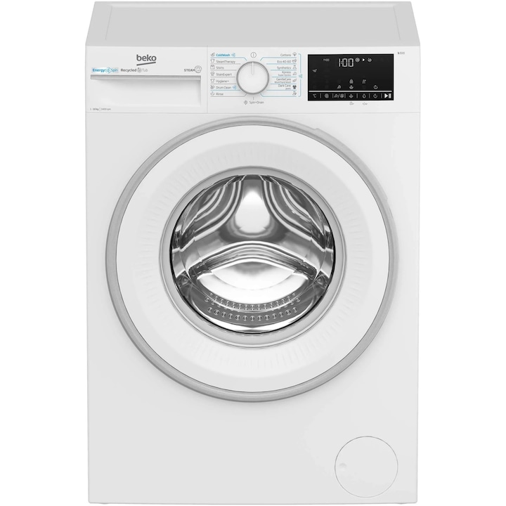 RESIGILAT: Masina de spalat rufe Beko B3WFU410415WWES, 10 kg, 1400 RPM, Clasa A, Motor ProSmart Inverter, Recycled Tub, Hygiene+, SteamCure, IronFast, AddXtra, Alb