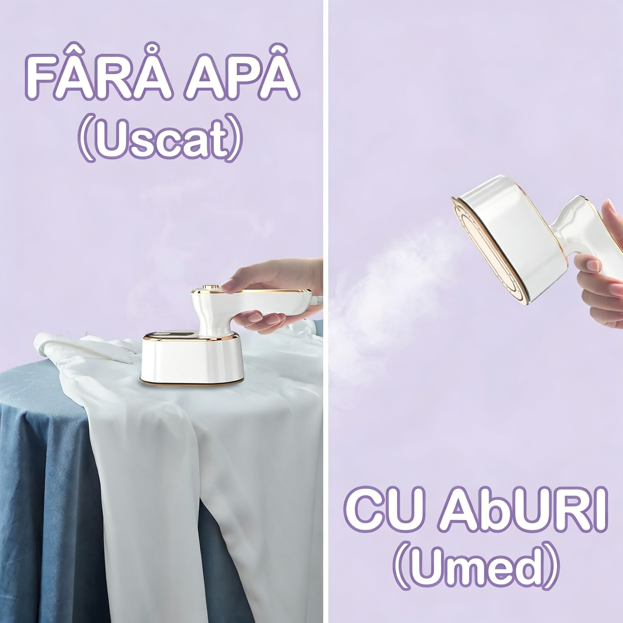 Aparat de calcat vertical cu abur AVAKKER®, Steamer haine portabil pentru voiaj, incalzire rapida in 30 secunde, rezervor de apa detasabil, design ergonomic si compact, ideal pentru calatorii, Alb