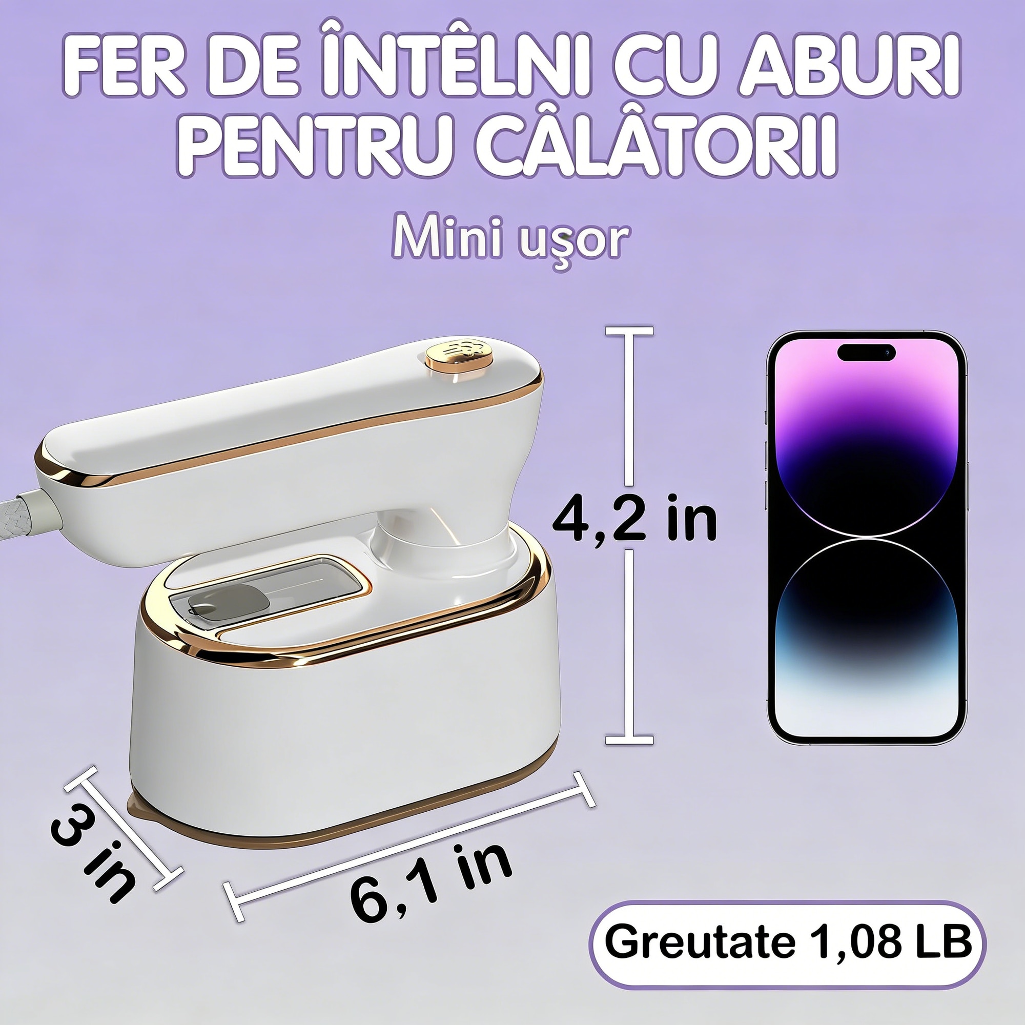 Aparat de calcat vertical cu abur AVAKKER®, Steamer haine portabil pentru voiaj, incalzire rapida in 30 secunde, rezervor de apa detasabil, design ergonomic si compact, ideal pentru calatorii, Alb