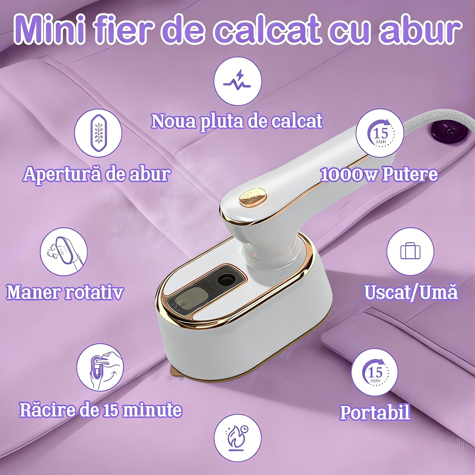 Aparat de calcat vertical cu abur AVAKKER®, Steamer haine portabil pentru voiaj, incalzire rapida in 30 secunde, rezervor de apa detasabil, design ergonomic si compact, ideal pentru calatorii, Alb