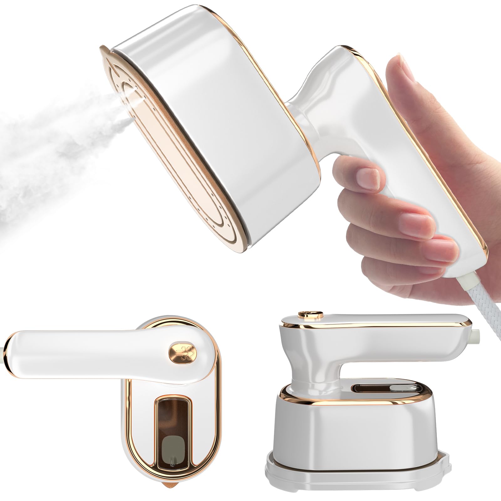 Aparat de calcat vertical cu abur AVAKKER®, Steamer haine portabil pentru voiaj, incalzire rapida in 30 secunde, rezervor de apa detasabil, design ergonomic si compact, ideal pentru calatorii, Alb