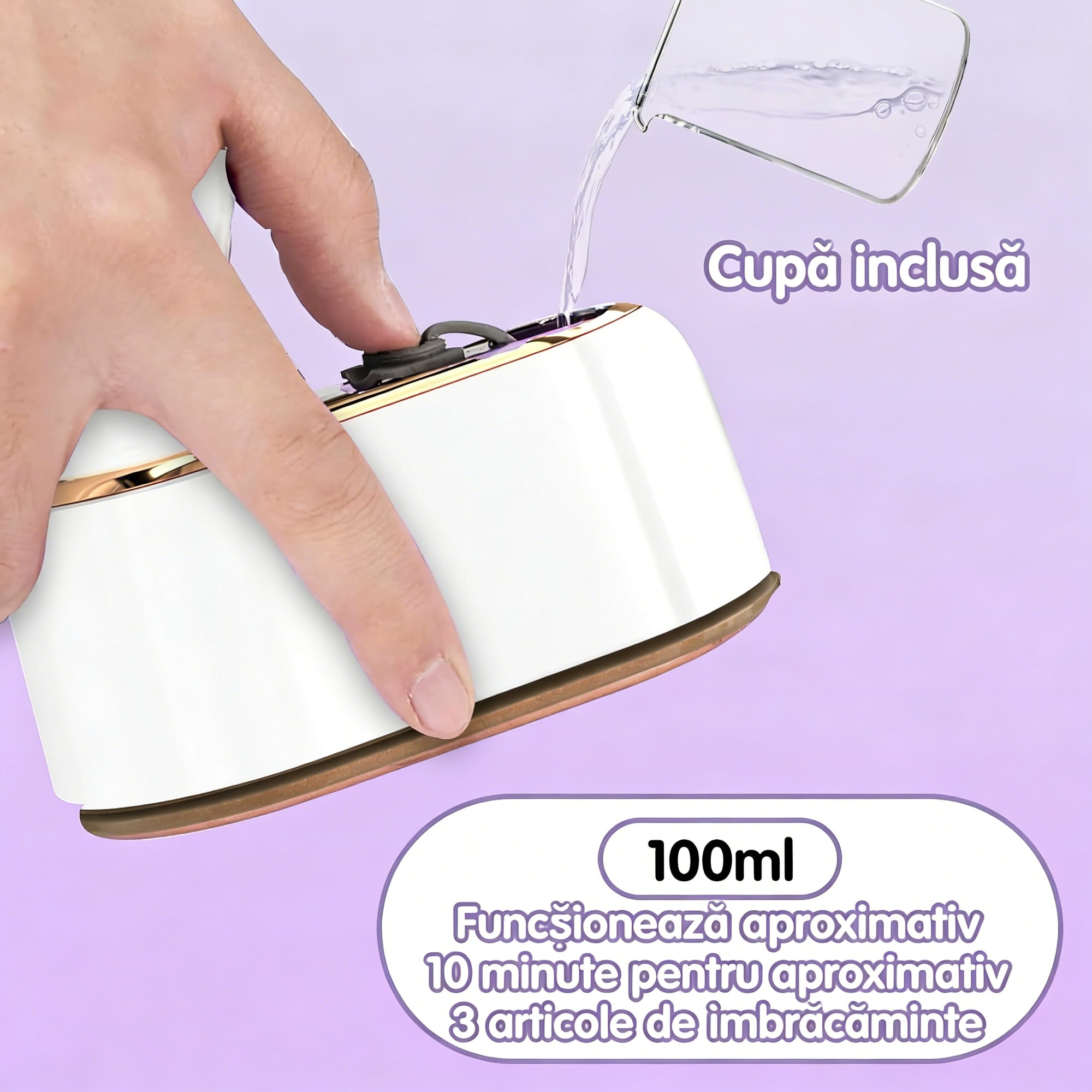 Aparat de calcat vertical cu abur AVAKKER®, Steamer haine portabil pentru voiaj, incalzire rapida in 30 secunde, rezervor de apa detasabil, design ergonomic si compact, ideal pentru calatorii, Alb