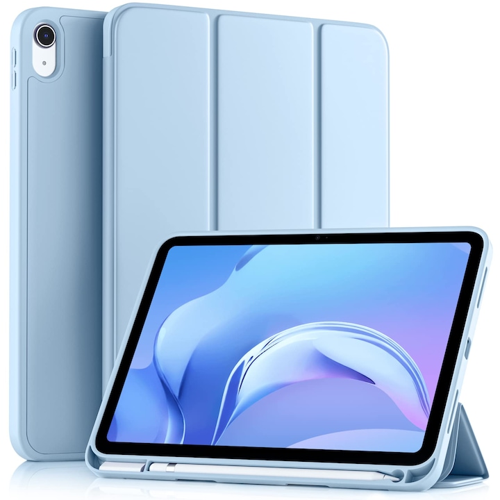 Husa tableta pentru iPad 11th gen 11-inch 2025 si iPad 10th gen 10.9-inch 2022, compartiment pentru Apple Pencil, design tri-fold, PU, TPU, ZYciyci®, albastru ceresc