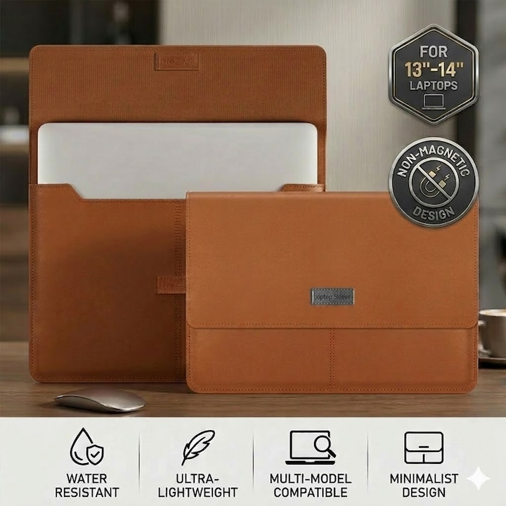 Husa Laptop Excitat®, Compatibila MacBook Air/Pro (M1 M2 M3 M4 M5), Protectie Impermeabila Premium, Textura Anti-Zgarieturi, Inchidere Sigura Velcro, Functie Mouse Pad, 13-14 inch, Maro