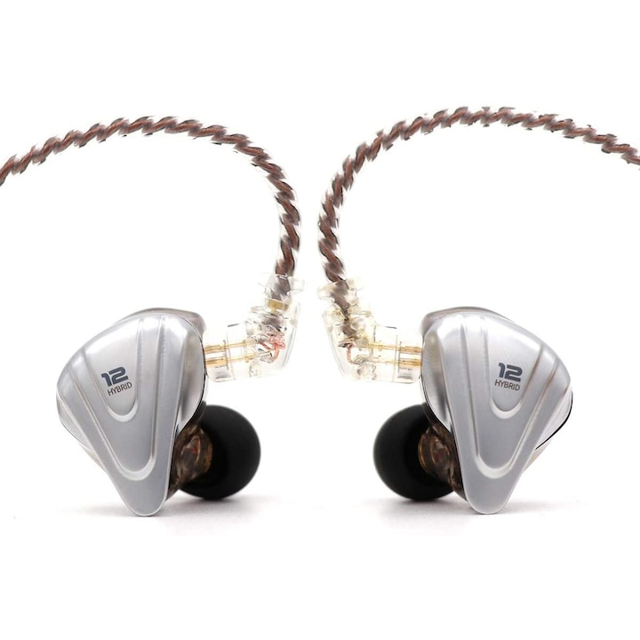 Casti KZ ZSX Terminator Metal,12 unitati Hibrid 5BA si 1DD, HIFI Bass cu anulare a zgomotului Microfon HD, Argintiu