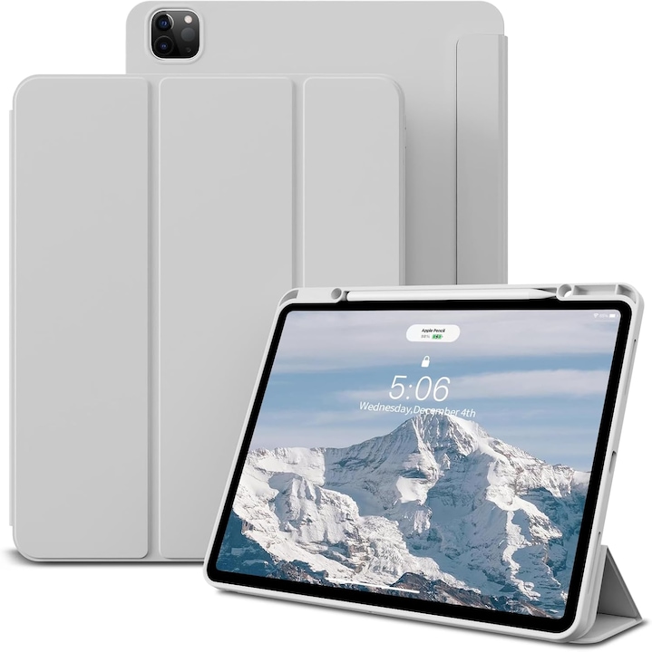 Etui protectie pentru iPad Air 13" (2024 M2) si iPad Pro 12,9" (2022/2021) cu suport pentru Apple Pencil, TPU elastic, gri