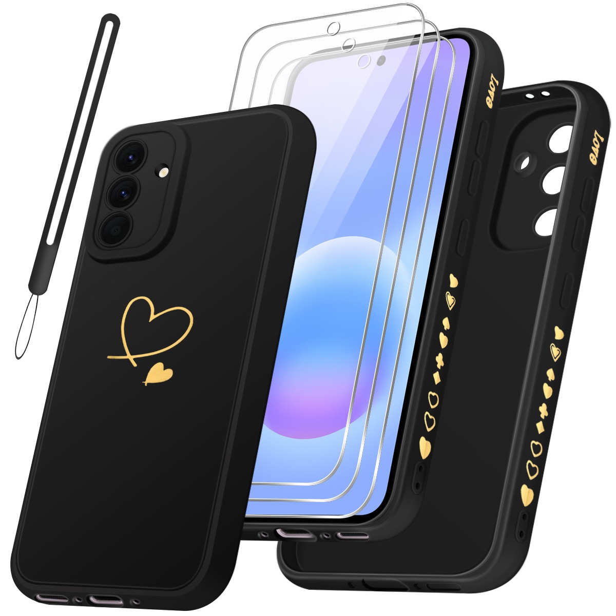 Husa compatibila cu Samsung Galaxy A57 5G cu 3 folii de protectie din sticla temperata, husa moale din TPU (negru)