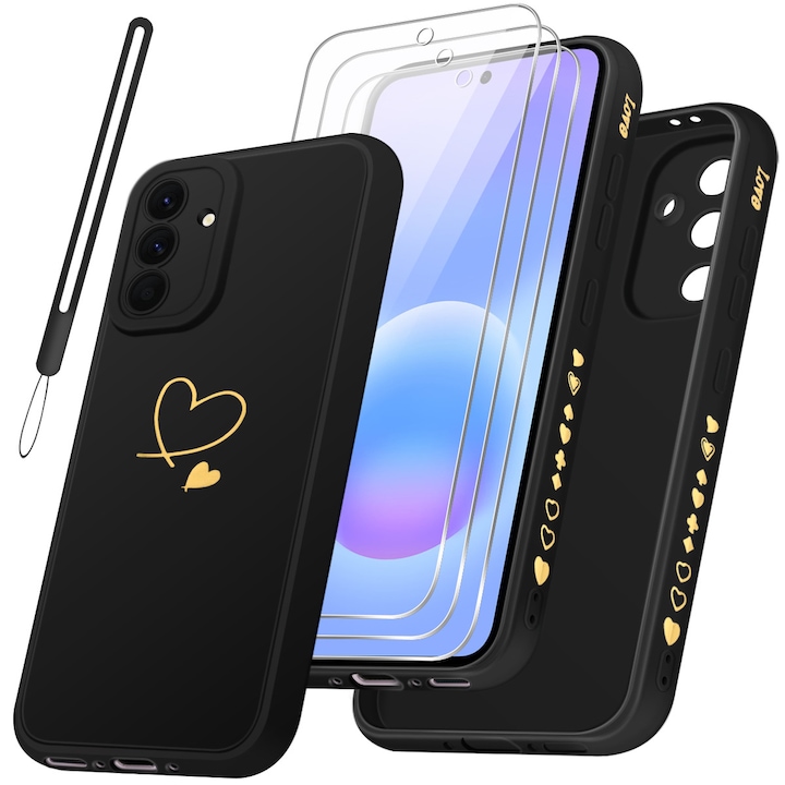 Husa compatibila cu Samsung Galaxy A57 5G cu 3 folii de protectie din sticla temperata, husa moale din TPU (negru)