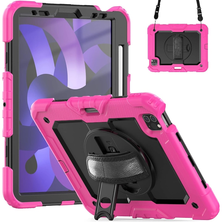 Husa tableta pentru iPad Pro 11/Air 5/4, roz, cu suport si curea reglabila, constructie tripla